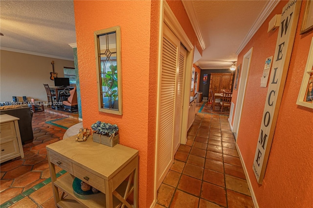 11400 Tara Dr, Plantation, FL 33325 - hallway with a textured wall, crown molding, and a textured ceiling