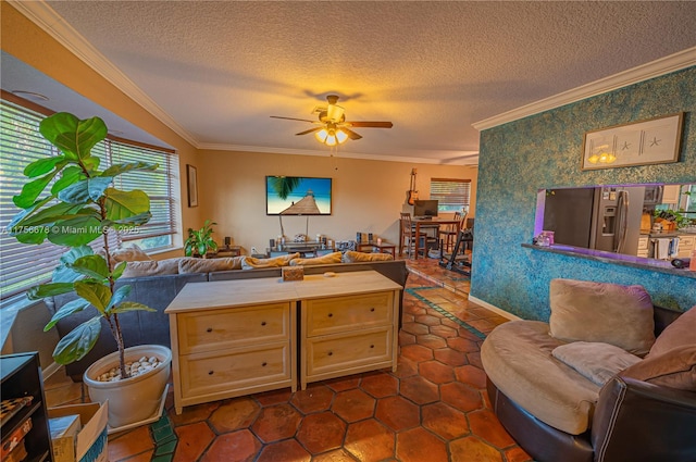 11400 Tara Dr, Plantation, FL 33325 - living area with crown molding, ceiling fan, wallpapered walls, dark tile patterned floors, and a textured ceiling
