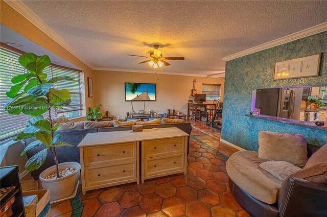 11400 Tara Dr, Plantation, FL 33325 - living area with ornamental molding, a ceiling fan, wallpapered walls, dark tile patterned floors, and a textured ceiling