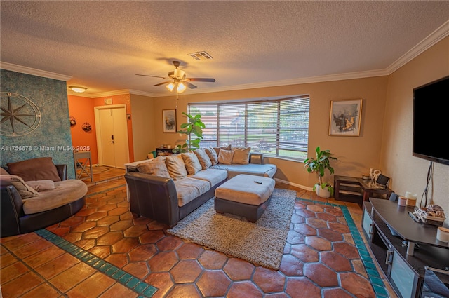 living room with ceiling fan, a textured ceiling, visible vents, and crown molding