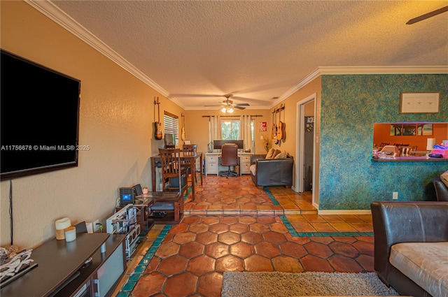 living room featuring crown molding, a textured ceiling, and a ceiling fan