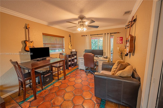 office space with visible vents, a ceiling fan, a textured wall, a textured ceiling, and crown molding