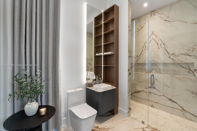 full bath featuring marble finish floor, a marble finish shower, toilet, vanity, and stone wall