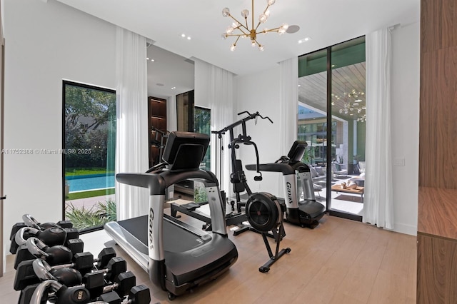 workout room featuring a notable chandelier, plenty of natural light, and wood finished floors