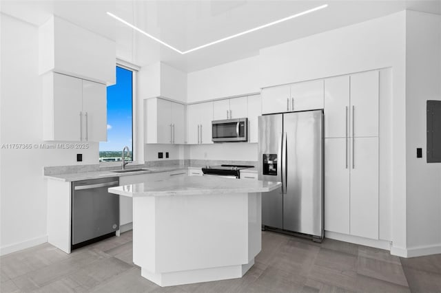 kitchen with appliances with stainless steel finishes, white cabinets, a sink, a kitchen island, and electric panel