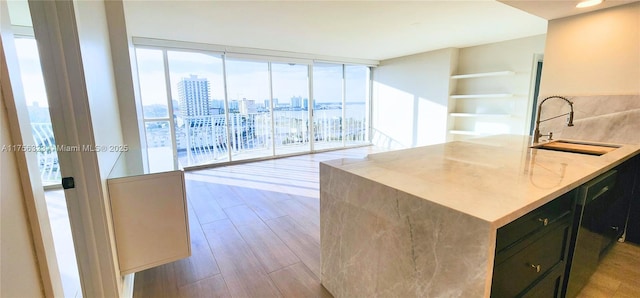 kitchen with light wood finished floors, dark cabinets, expansive windows, a city view, and a sink