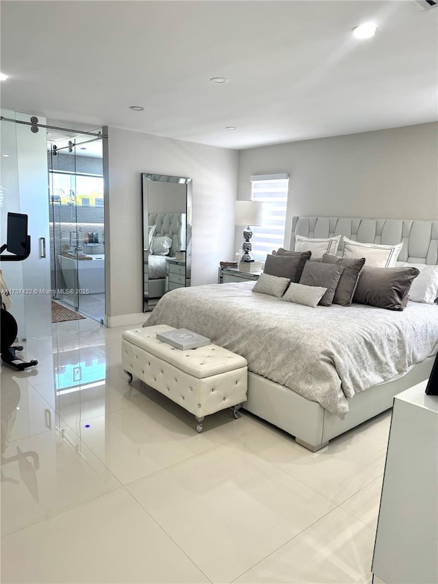 bedroom with access to outside and light tile patterned flooring