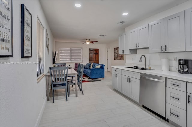 6444 Mcclellan St, Hollywood, FL 33024 - kitchen with dishwasher, visible vents, ceiling fan, a sink, and light countertops