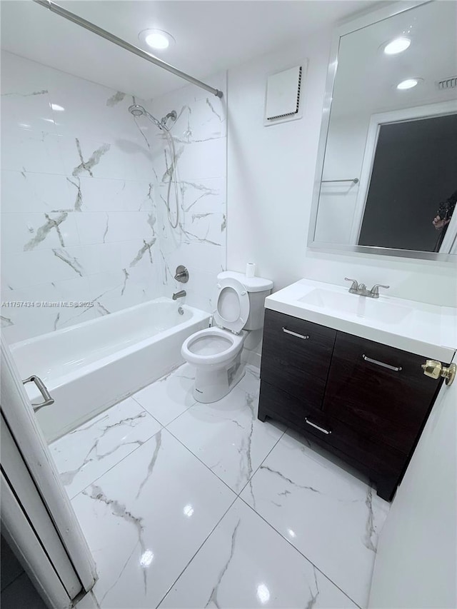 full bath with toilet, vanity, marble finish floor, tub / shower combination, and recessed lighting