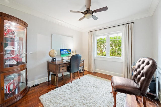 office space with ceiling fan, baseboards, dark wood-style floors, and crown molding