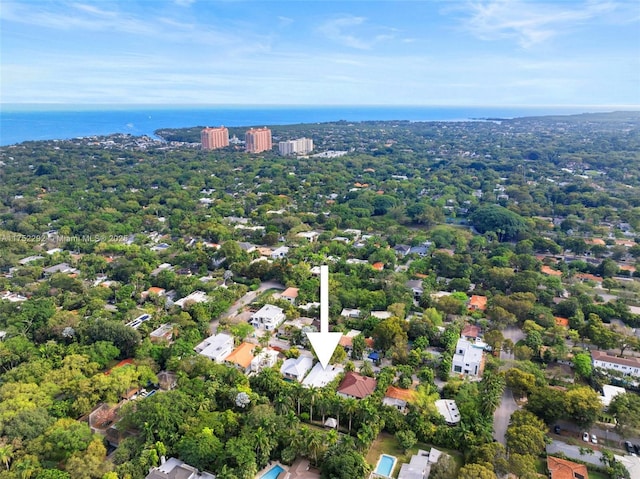 drone / aerial view featuring a water view