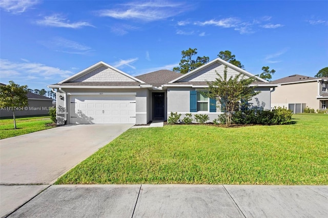 ranch-style home featuring a garage, concrete driveway, a front lawn, and stucco siding