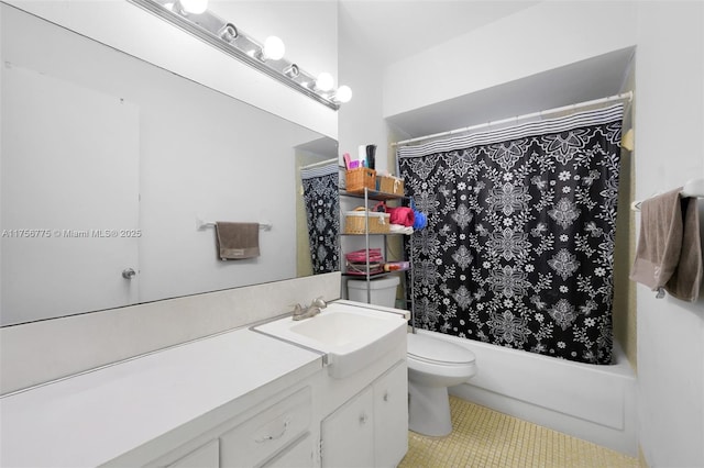 bathroom with toilet, shower / bath combination with curtain, vanity, and tile patterned floors