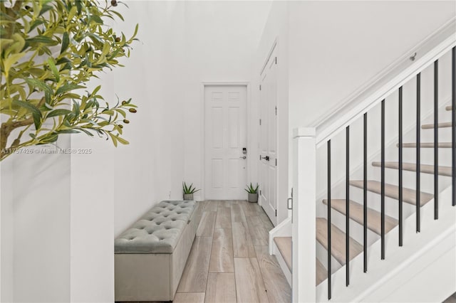 foyer featuring stairway and wood finish floors