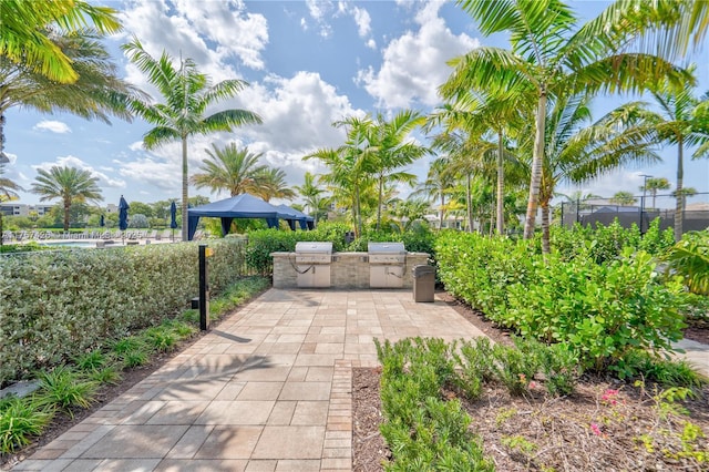 view of community with a patio area, an outdoor kitchen, and fence