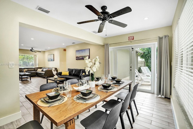 dining area featuring recessed lighting, visible vents, ceiling fan, and french doors