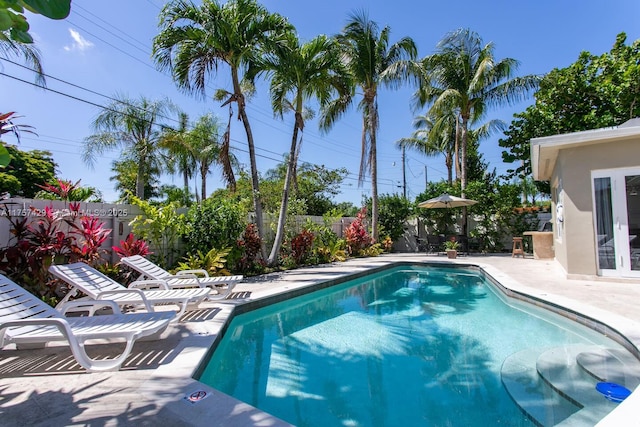 view of pool with a patio area, a fenced backyard, and a fenced in pool