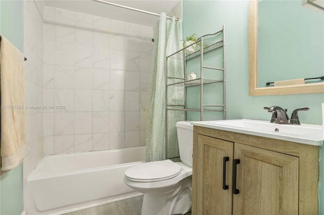 bathroom featuring vanity, toilet, and shower / bathtub combination with curtain