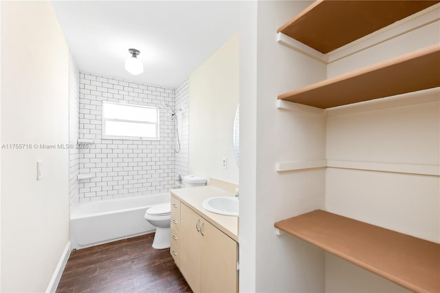 full bathroom with shower / bath combination, vanity, toilet, and wood finished floors