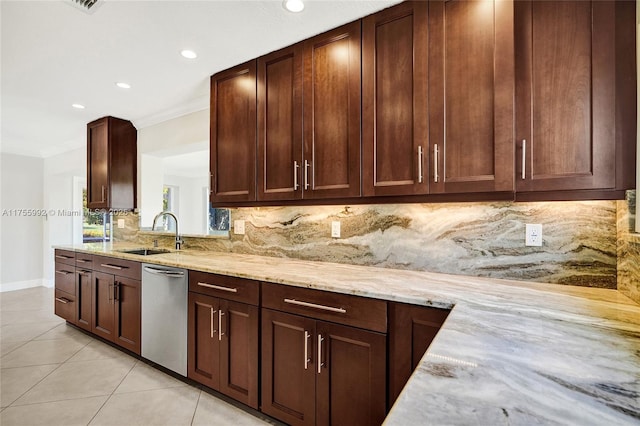 kitchen with light tile patterned floors, decorative backsplash, stainless steel dishwasher, ornamental molding, and a sink