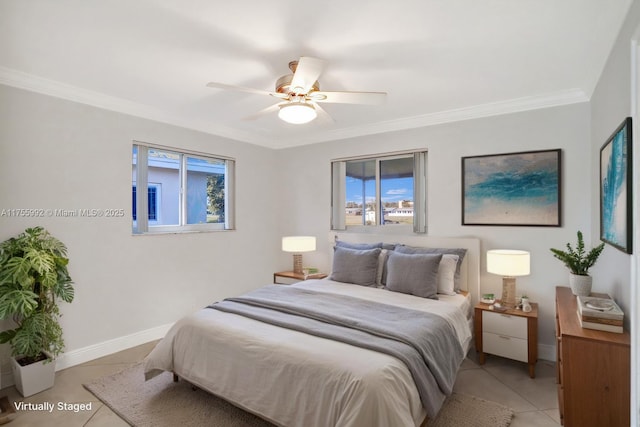 bedroom featuring multiple windows, baseboards, crown molding, and light tile patterned flooring