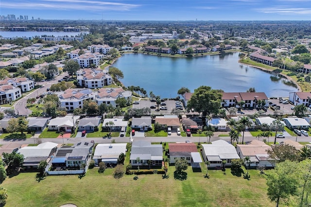 aerial view featuring a water view and a residential view