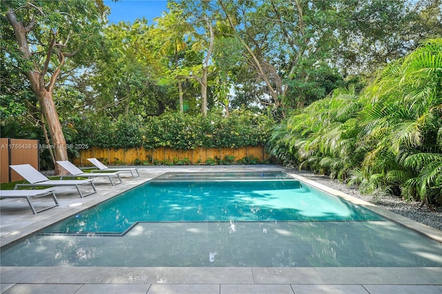 view of swimming pool featuring a fenced in pool, a fenced backyard, and a patio