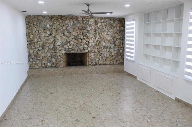 unfurnished living room with a ceiling fan, recessed lighting, visible vents, and a fireplace