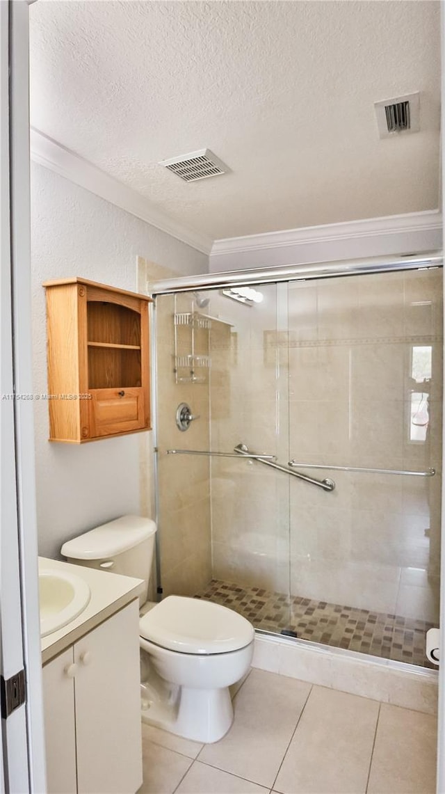 full bathroom with visible vents, a stall shower, toilet, and crown molding