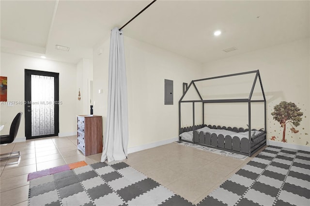 bedroom with light tile patterned floors, electric panel, baseboards, and recessed lighting