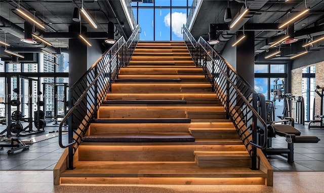 stairway with a high ceiling