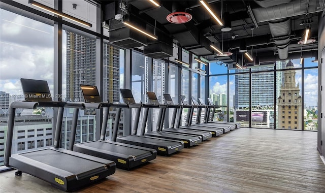 exercise room featuring a view of city, plenty of natural light, expansive windows, and wood finished floors