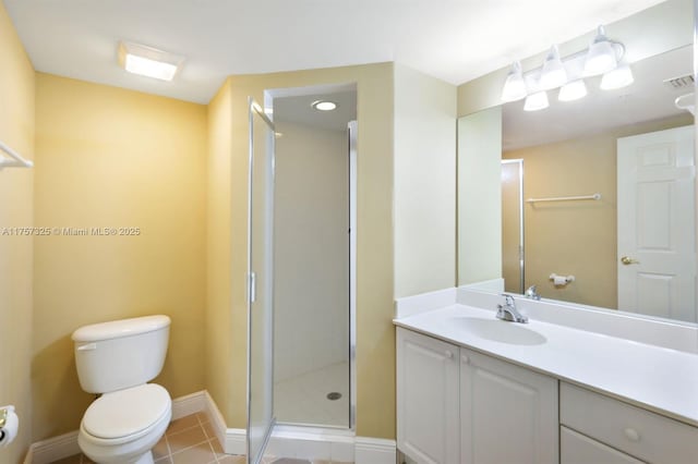 bathroom featuring a stall shower, visible vents, toilet, tile patterned flooring, and vanity