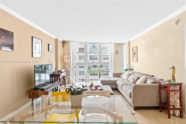 living area featuring baseboards, ornamental molding, a wall of windows, and a textured ceiling