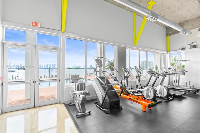 workout area with french doors, a city view, and a high ceiling