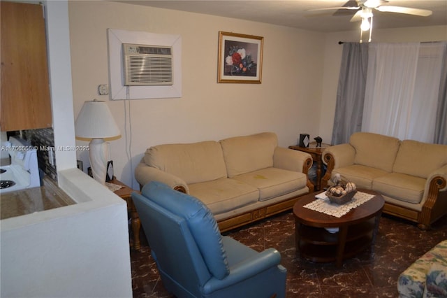 living area with ceiling fan and an AC wall unit