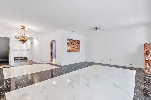 21375 Marina Cove Cir Unit 14-A, Aventura, FL 33180 - unfurnished living room with arched walkways, ceiling fan with notable chandelier, baseboards, marble finish floor, and crown molding