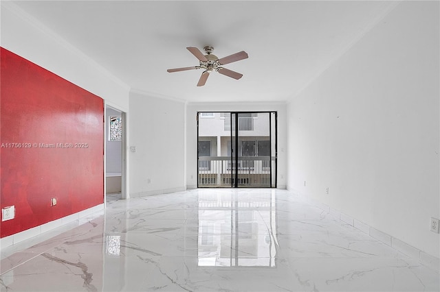 21375 Marina Cove Cir Unit 14-A, Aventura, FL 33180 - empty room featuring marble finish floor, crown molding, baseboards, and ceiling fan