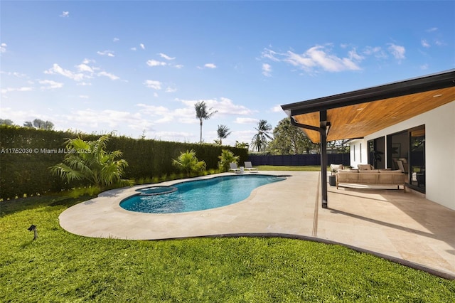 view of pool with a lawn, a fenced in pool, a fenced backyard, an outdoor hangout area, and a patio area