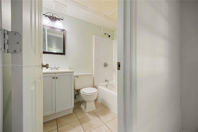 full bathroom with tile patterned flooring, visible vents, toilet, shower / bathtub combination, and vanity