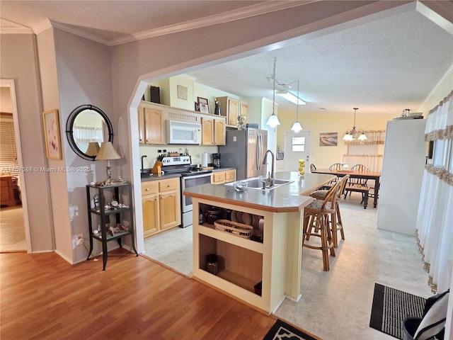 kitchen with open shelves, appliances with stainless steel finishes, an inviting chandelier, a sink, and light wood-type flooring