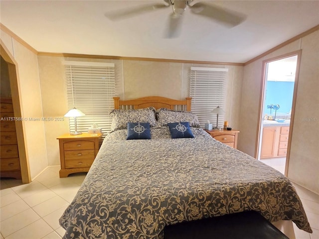 bedroom with ornamental molding, ceiling fan, and light tile patterned floors