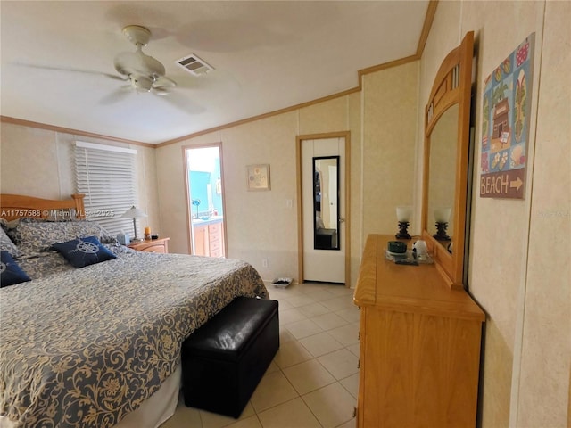bedroom with light tile patterned flooring, visible vents, ornamental molding, and lofted ceiling