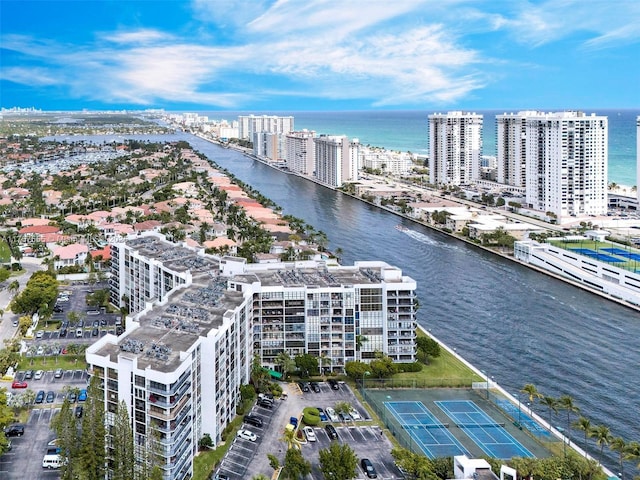 aerial view featuring a water view and a city view