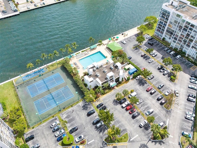 bird's eye view with a water view