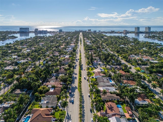 drone / aerial view with a water view