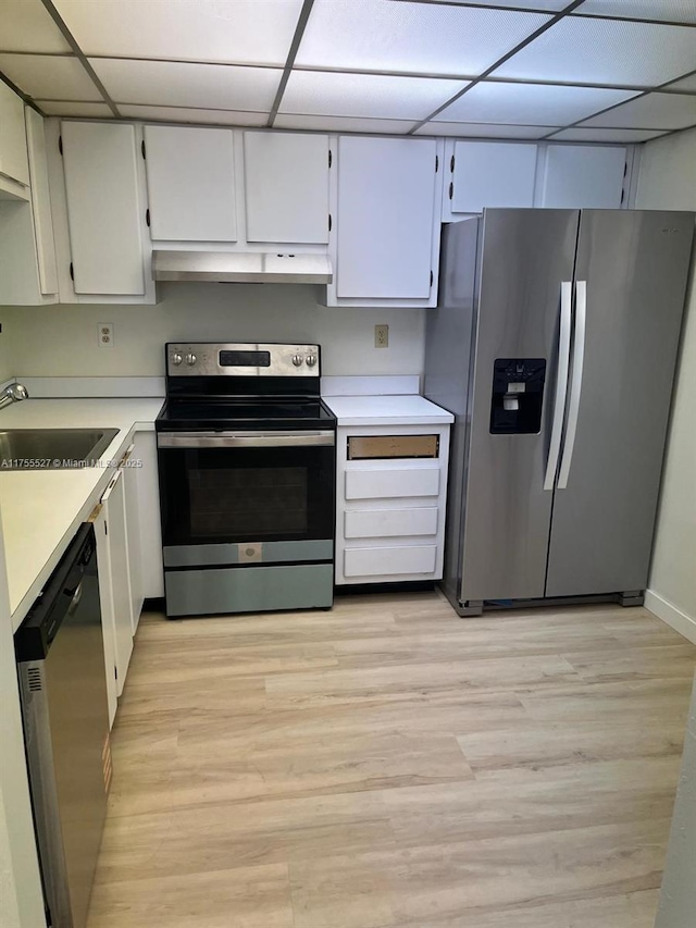 kitchen featuring under cabinet range hood, stainless steel appliances, a sink, light countertops, and light wood-type flooring