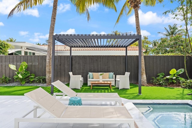 view of patio with a fenced backyard, an outdoor living space, and a pergola