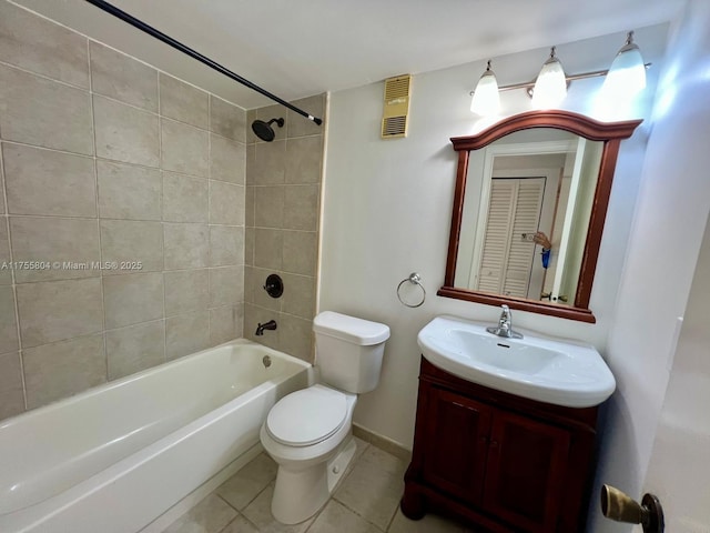 full bathroom with tile patterned floors, visible vents, toilet, washtub / shower combination, and vanity