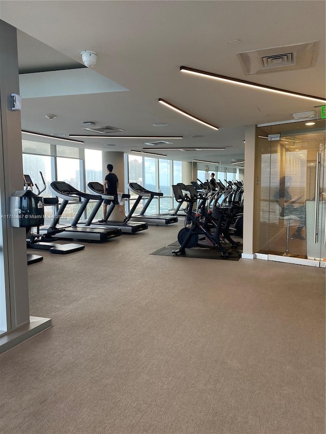 exercise room featuring carpet and visible vents